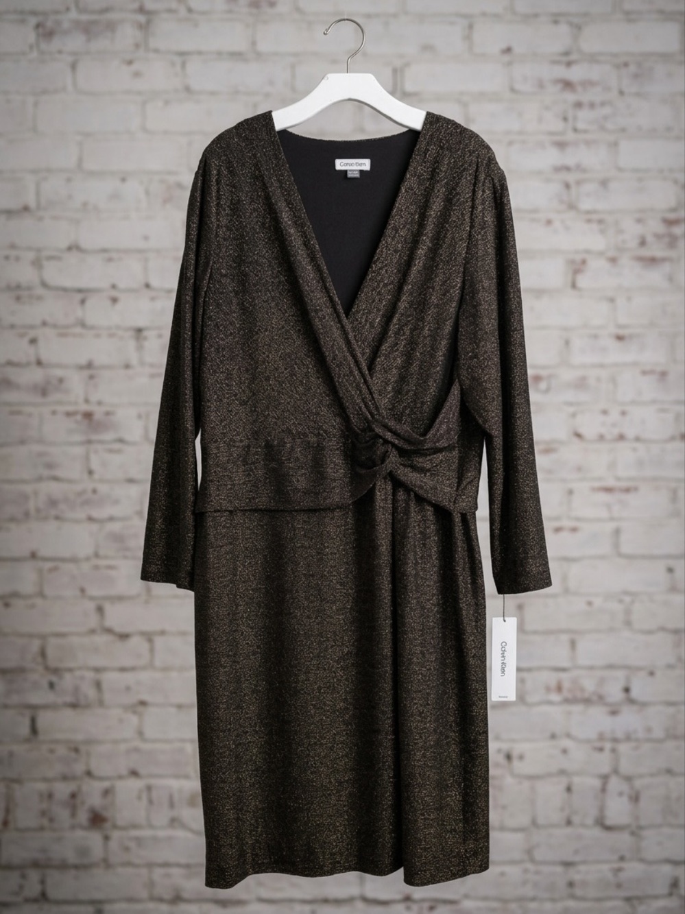 NWT Calvin Klein Plus Size Gold Black Shimmering Knot Dress 18W